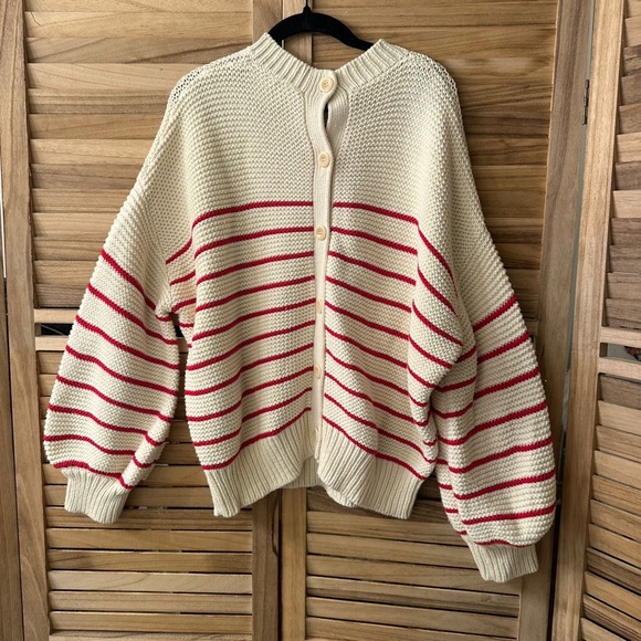 Alex Mill Button Back Crew Neck Neck Sweater Ivory Red Stripe sz XL - Picture 5 of 7